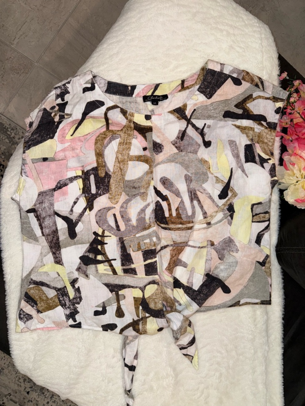 3 x 20$ Women’s Abstract Print Tie-Hem Top - White/Pink/Gray 100% Linen Size L - Picture 3 of 8